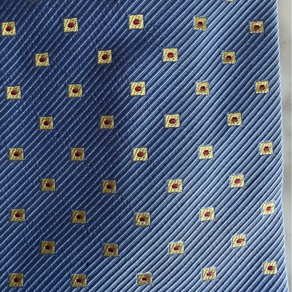 Hugo Boss Blue Tie with Gold Square Dots Silk Cotton Office Business Casual